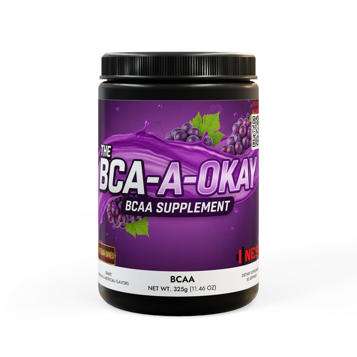 BCA-A-OkayBCAA Supplement, Grape (325g, 11.46oz, 50 Servings), Black jar + lid / Grape