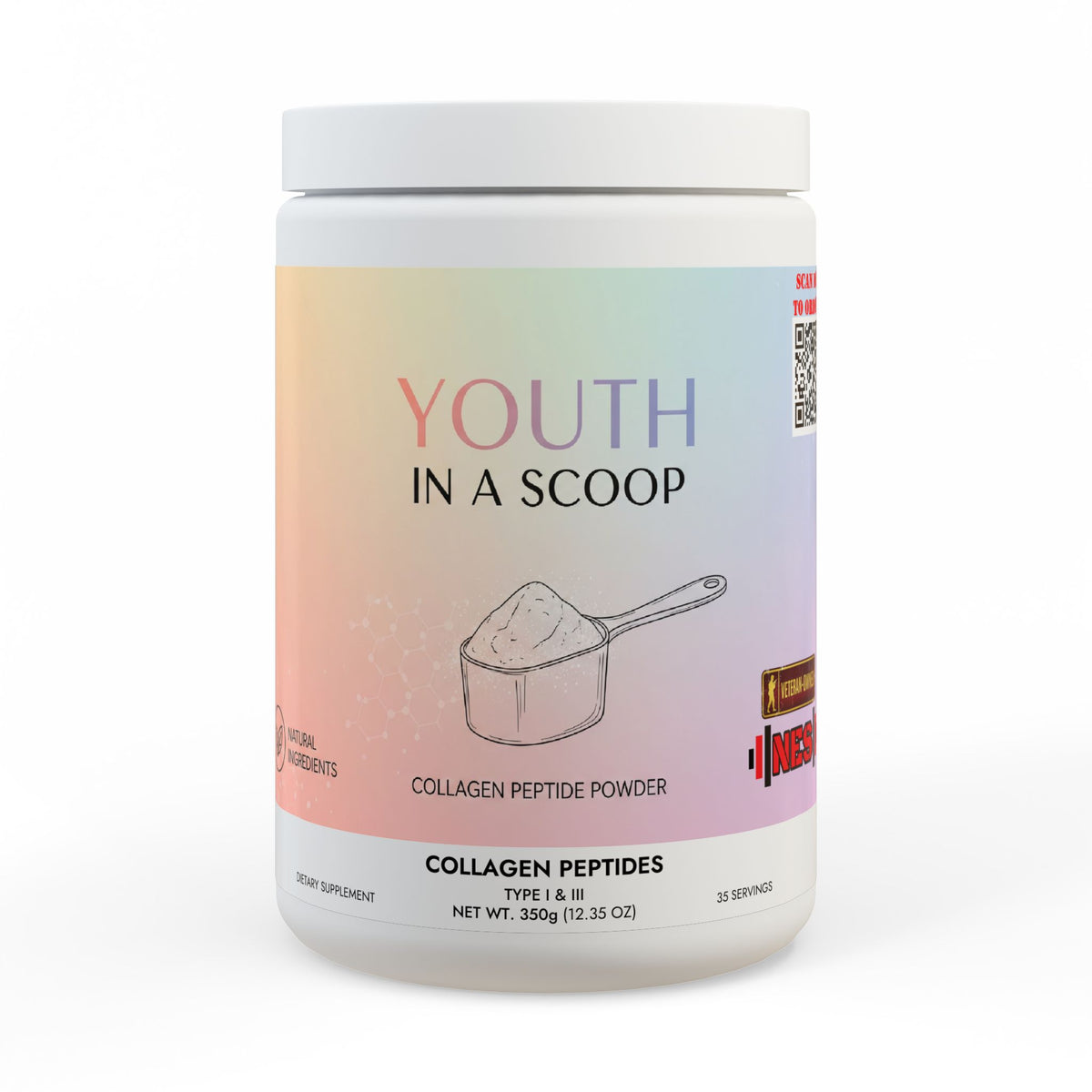 Youth In A Scoop - Collagen Peptides Type I & III Supplement (350g, 12.3oz), White jar + lid / Unflavored